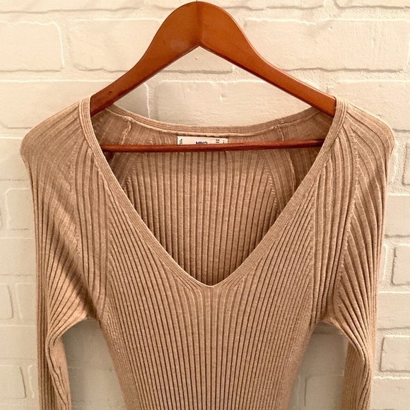 ASOS Mango Bow embellished Dress knitted Ribbed Midi belted Cream tan camel Sz L - Picture 14 of 16